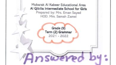 thumbnail of انجليزي اجابة مراجعة القواعد grammar للصف التاسع الفصل الثاني