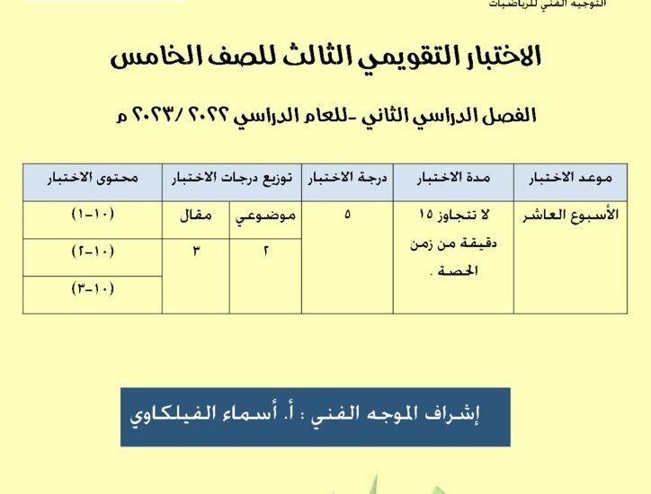 thumbnail of رياضيات الاختبار التقويمي الثالث مع نموذج الاجابة للصف الخامس الفصل الثاني