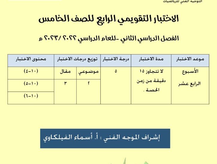 thumbnail of رياضيات الاختبار التقويمي الرابع مع نموذج الاجابة للصف الخامس الفصل الثاني