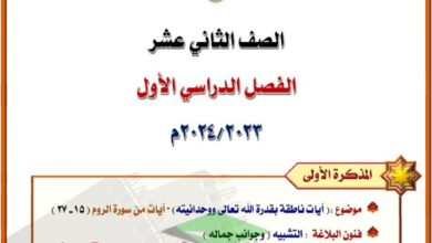 thumbnail of لغة عربية مذكرة المختار [ آيات من سورة الروم- التشبية- النعت] للصف الثاني عشر الفصل الاول