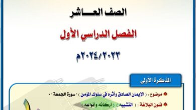 thumbnail of لغة عربية مذكرة المختار [ سورة الجمعة- التشبية- الافعال الناسخة] للصف العاشر الفصل الاول
