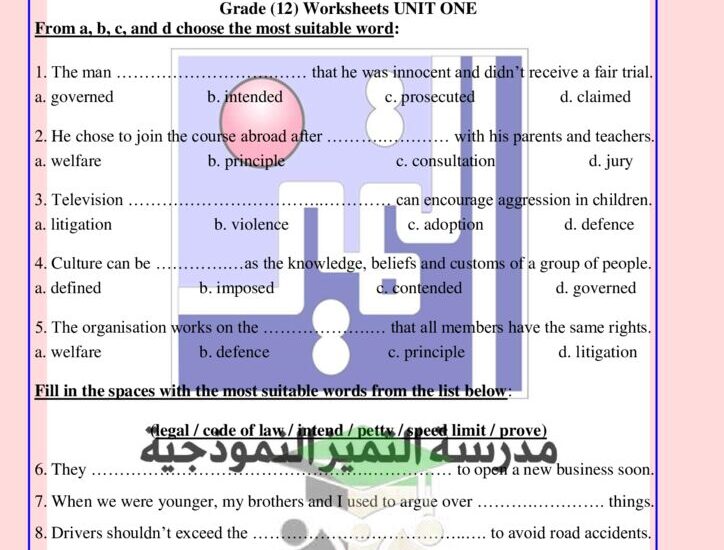 thumbnail of انجليزي اوراق عمل الوحدة الاولى مدرسة التميز للصف الثاني عشر الفصل الاول