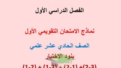 thumbnail of رياضيات نماذج الامتحان التقويمي (1) للصف الحادي عشر علمي الفصل الاول