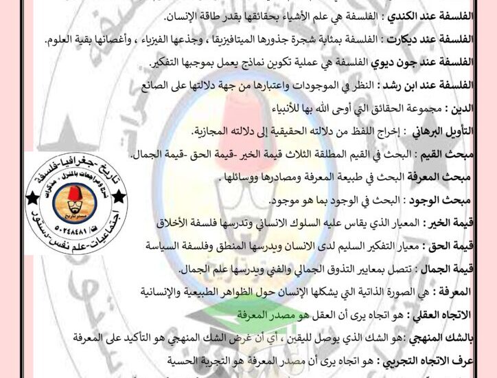 thumbnail of فلسفة ملخص المفاهيم والتعاريف للصف الثاني عشر الفصل الدراسي الاول