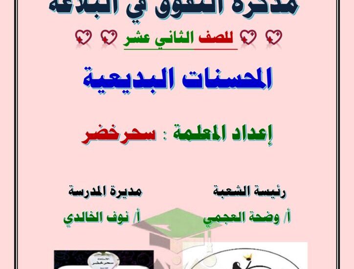 thumbnail of لغة عربية مذكرة التفوق المحسنات البديعية للصف الثاني عشر الفصل الاول