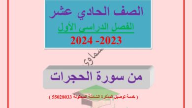 thumbnail of لغة عربية مذكرة العشماوي سورة الحجرات للصف الحادي عشر الفصل الاول