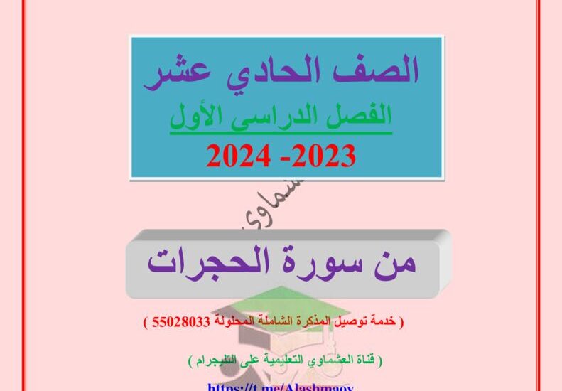 thumbnail of لغة عربية مذكرة العشماوي سورة الحجرات للصف الحادي عشر الفصل الاول