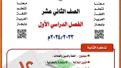 thumbnail of لغة عربية مذكرة المختار موضوع اللغة والدين والعادات للصف الثاني عشر الفصل الاول