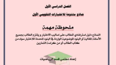 thumbnail of رياضيات نماذج تجريبية الاختبار التقييمي الاول للصف الحادي عشر علمي فصل اول