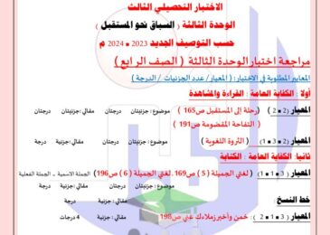 thumbnail of لغة عربية الاختبار التحصيلي الثالث مدرسة التميز للصف الرابع الفصل الاول