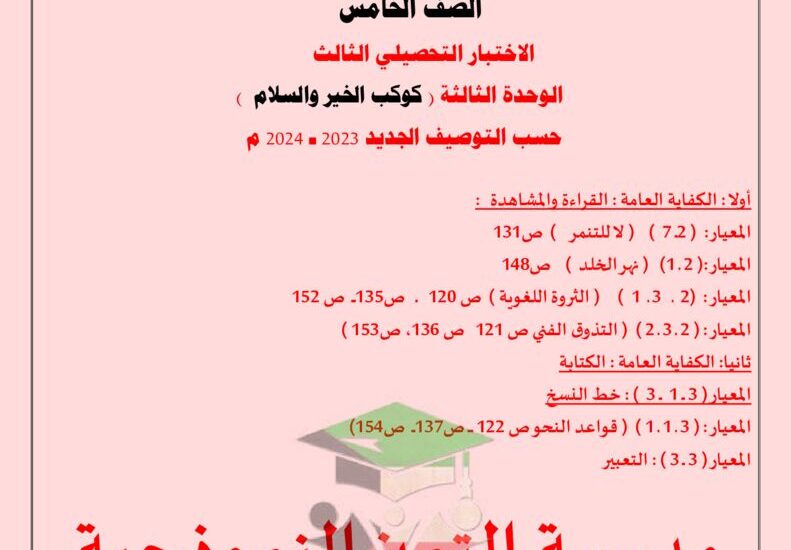thumbnail of لغة عربية نماذج الاختبار التحصيلي الثالث مدرسة التميز للصف الخامس الفصل الاول