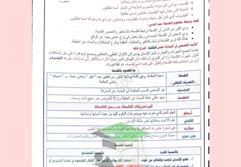 thumbnail of ملخص فلسفة للصف الثاني عشر الفصل الدراسي الاول