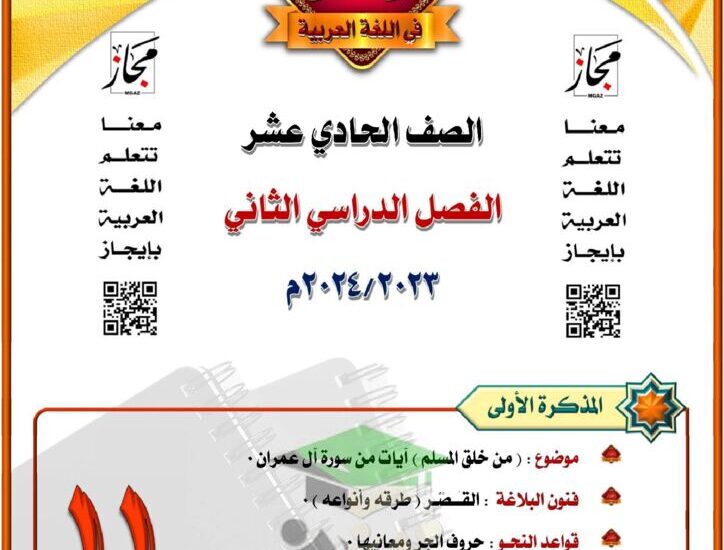 thumbnail of لغة عربية مذكرة المختار من سورة آل عمران للصف الحادي عشر الفصل الثاني