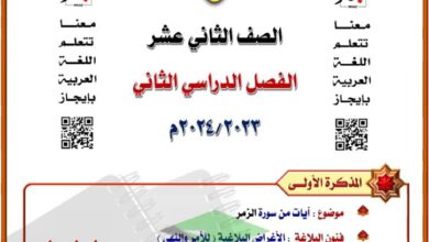 thumbnail of لغة عربية مذكرة المختار من سورة الزمر للصف الثاني عشر الفصل الثاني