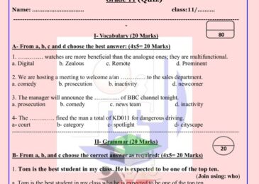 thumbnail of انجليزي نموذج الاختبار القصير (1) مدرسة التميز للصف الحادي عشر الفصل الدراسي الثاني