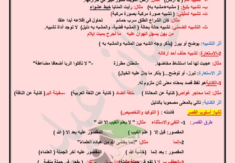 thumbnail of لغة عربية ملخص البلاغة في ثلاث ورقات للصف الحادي عشر الفصل الثاني