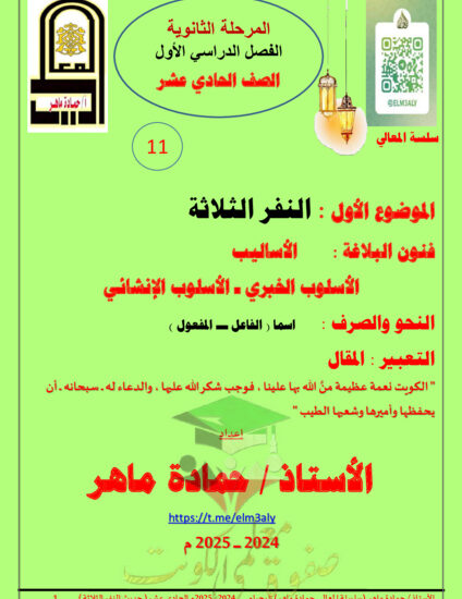 thumbnail of مذكرة درس (حديث النفر الثلاثة) عربي حادي عشر فصل أول # أ. حمادة ماهر