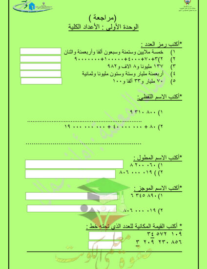 thumbnail of مراجعة الوحدة الأولى رياضيات خامس ابتدائي فصل أول