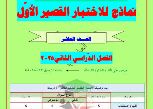 thumbnail of إجابة نماذج الاختبار القصير (1) عربي للصف العاشر الفصل الثاني # العشماوي