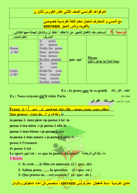 thumbnail of مذكرة قواعد اللغة الفرنسية للصف الثاني عشر أدبي الفصل الثاني# أ. شعبان