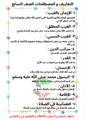 thumbnail of المنهج الجديد إسلامية للصف السابع الفصل الأول ملخص للتعاريف و المصطلحات روعة