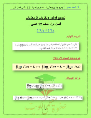thumbnail of ملخص قوانين و نظريات رياضيات للصف الثاني عشر علمي الفصل الأول