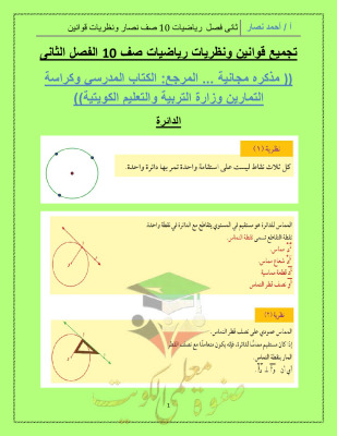 thumbnail of المنهج الجديد ملخص لأهم قوانين الرياضيات للصف العاشر الفصل الثاني ( أ. نصار)
